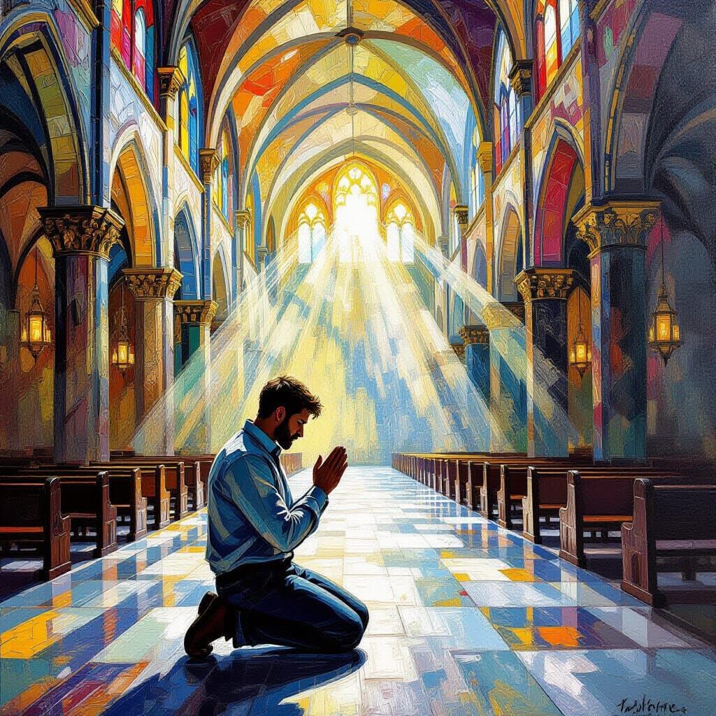 Man Kneeling in Grand Cathedral, Neo-Impressionist Style