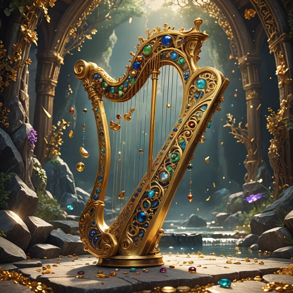 Gemstone Inlaid Golden Harp Fantasy Concept Art