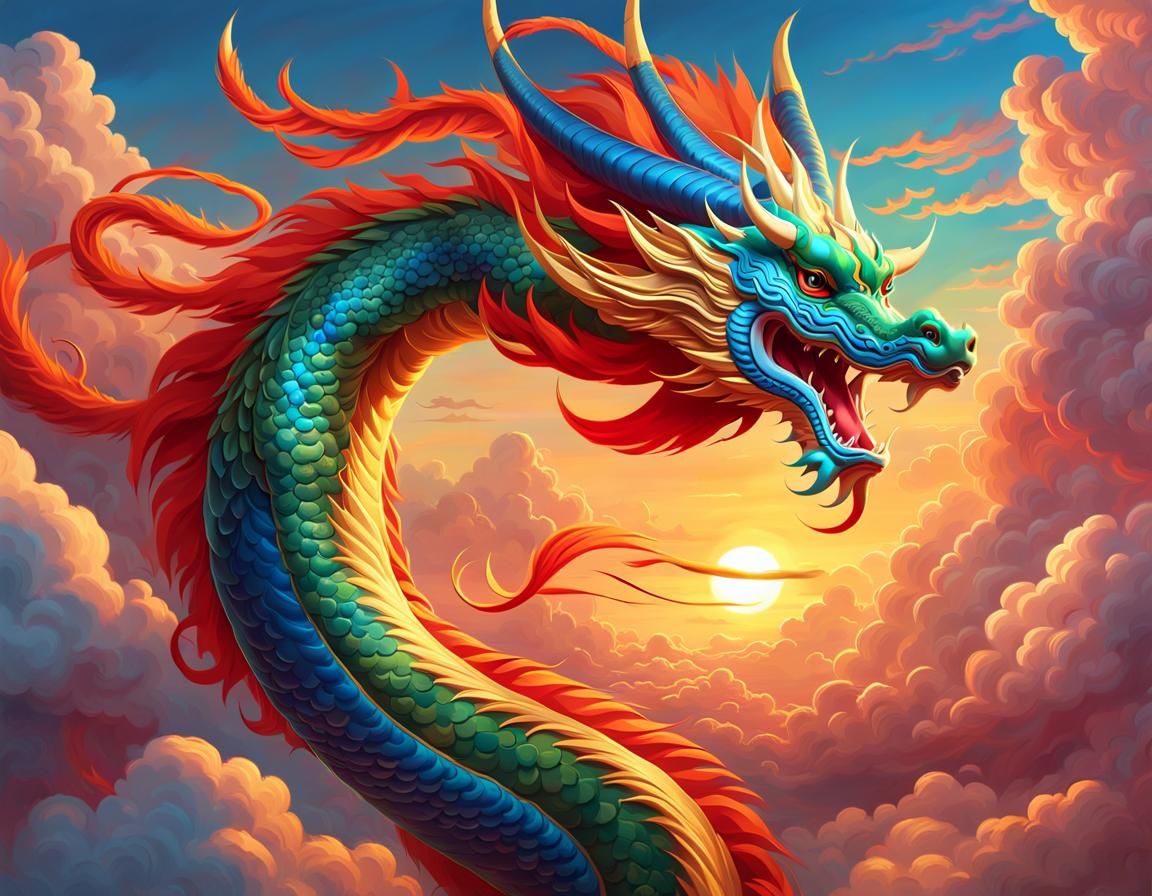Chinese Dragon Soaring Through Clouds: Digital Art