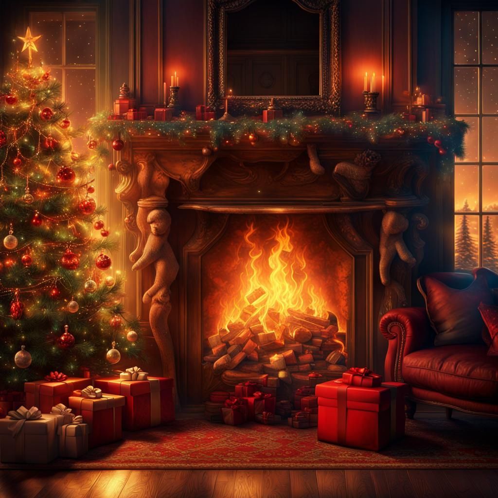 Warm Christmas Fireplace in Detailed Matte Painting