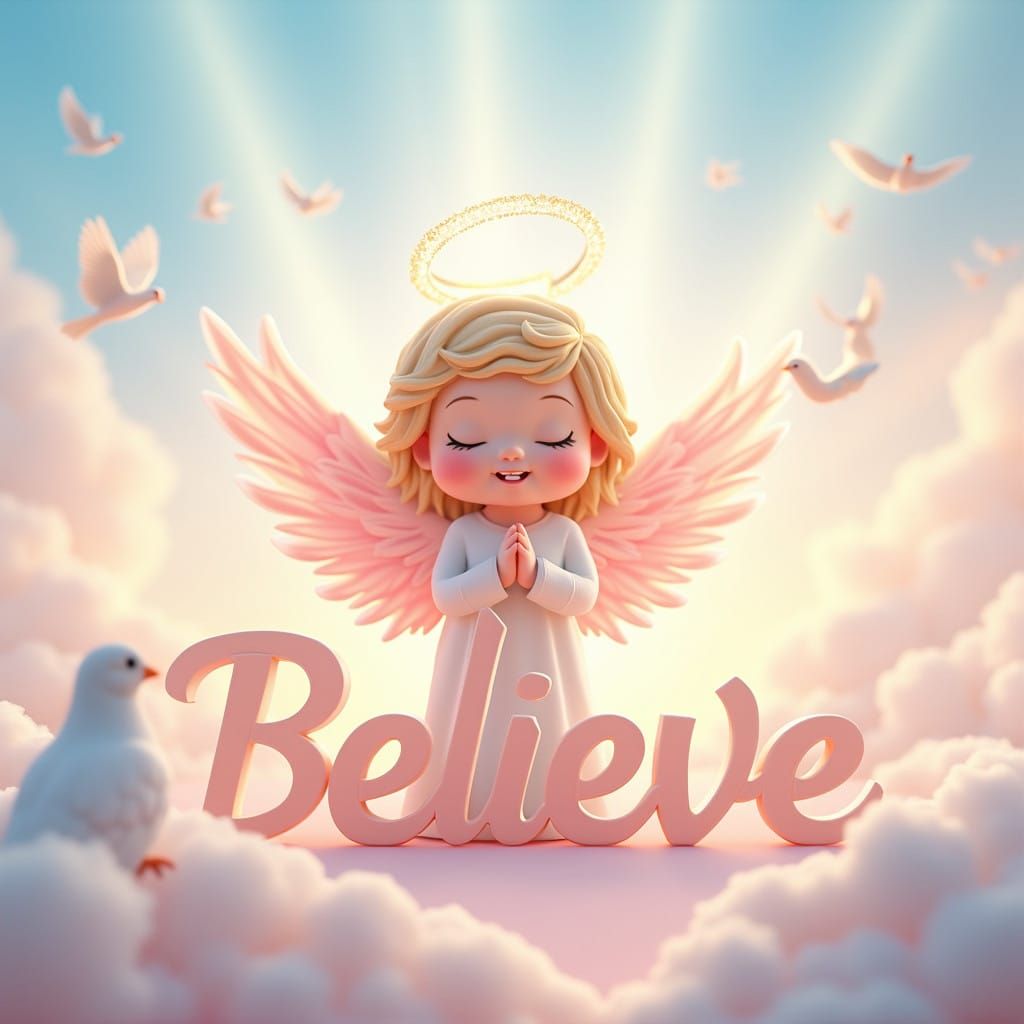 Whimsical Angel in Heaven with Pink Wings and White Pigeons