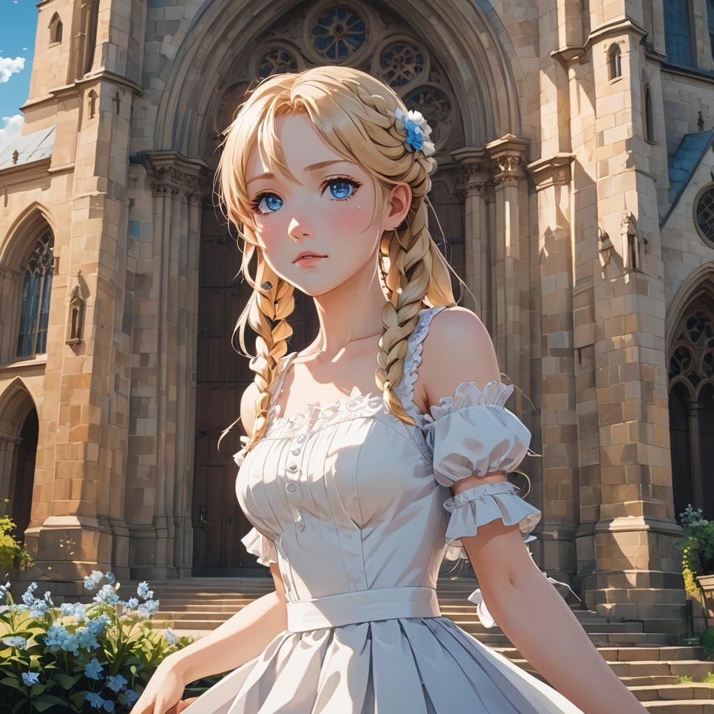 Anime Girl in White Dress by Church