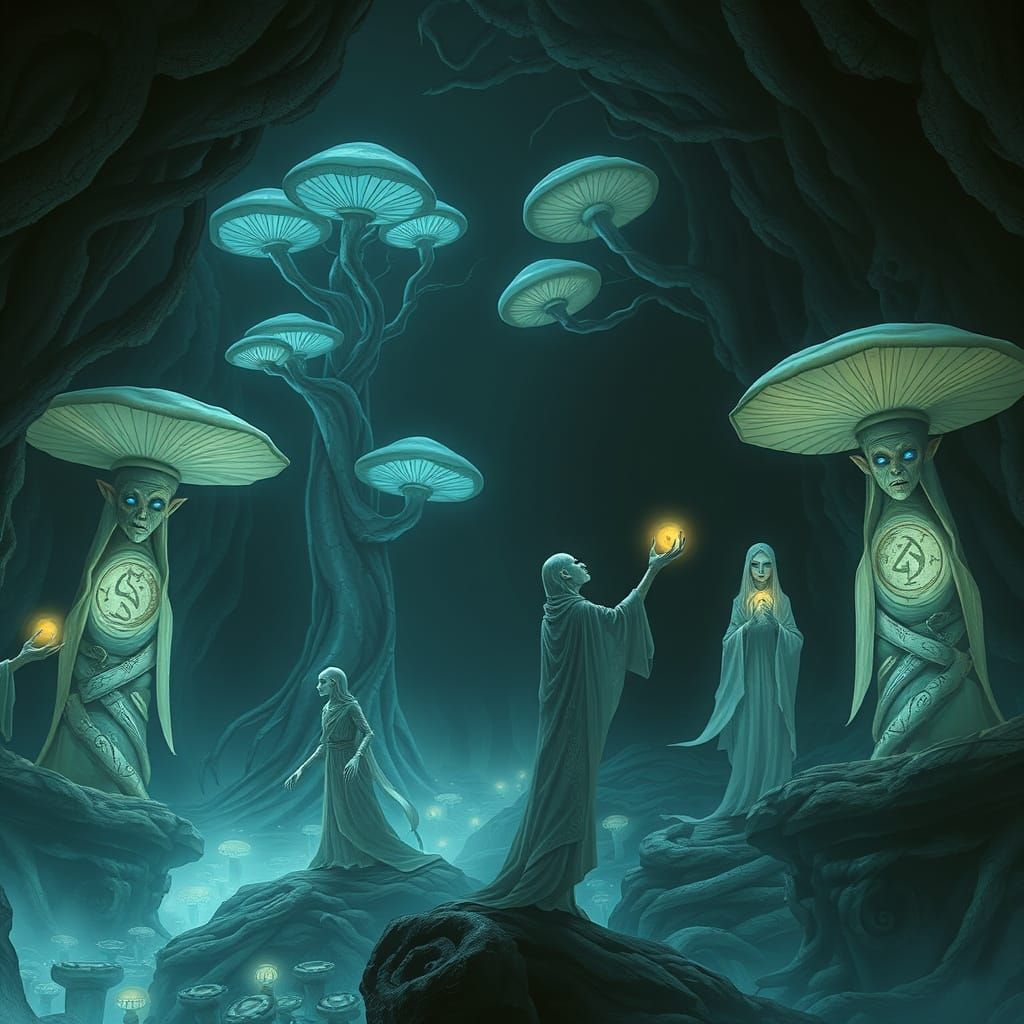 Mystical Communion in Bioluminescent Chamber