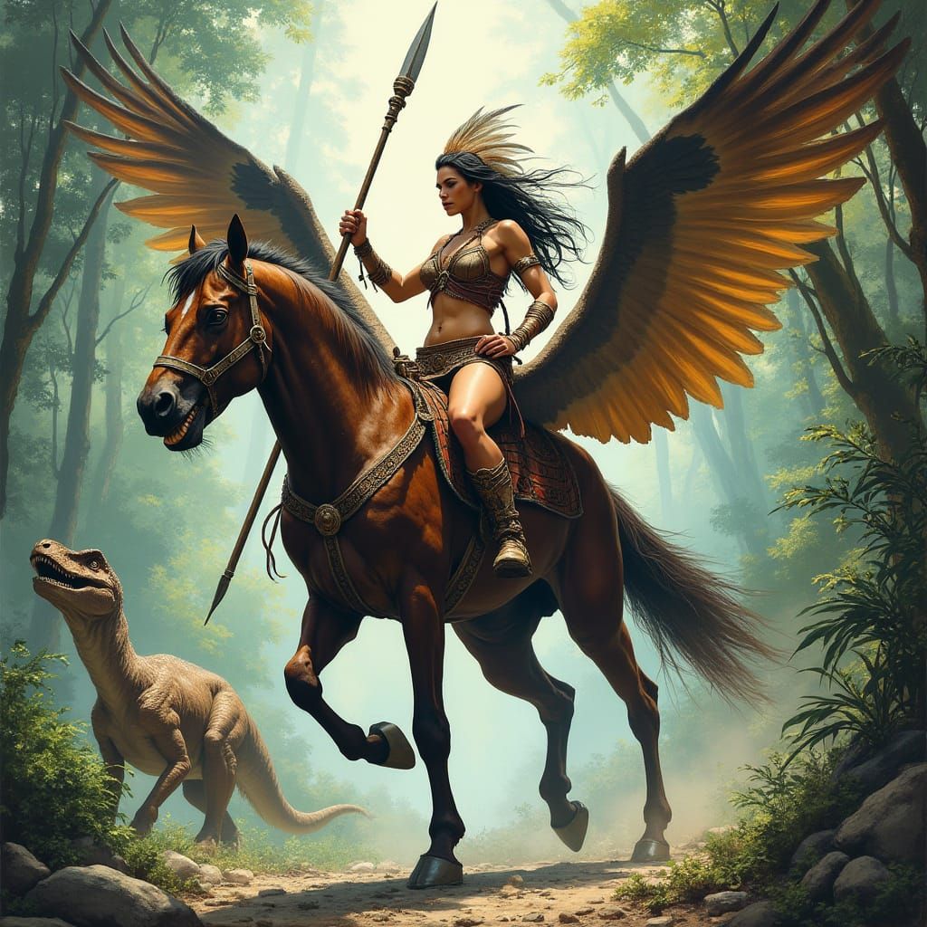 Amazon Warrior on Pegasus in Prehistoric Jungle