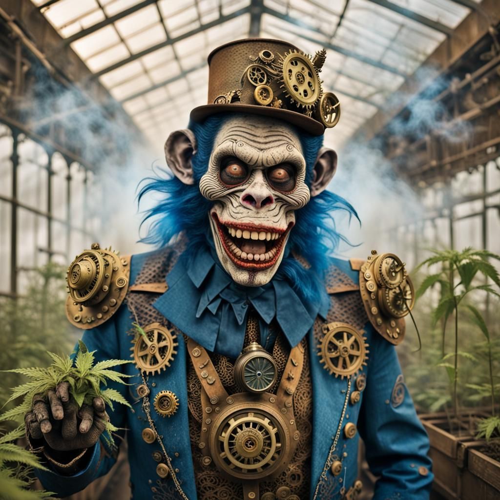 Steampunk Zombie Monkey Clown in Golden Greenhouse