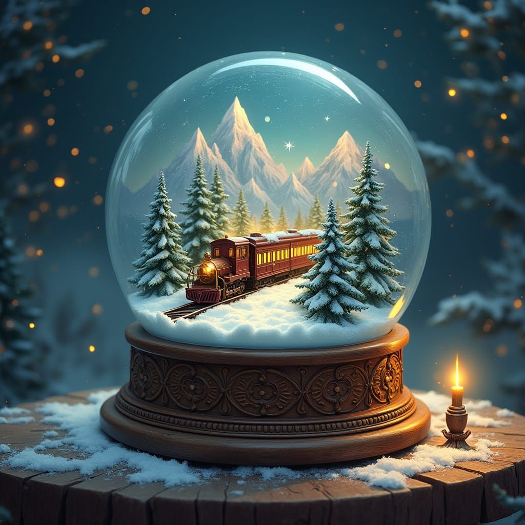 Ethereal Snow Globe with Vintage Train in Cosmic Landscape