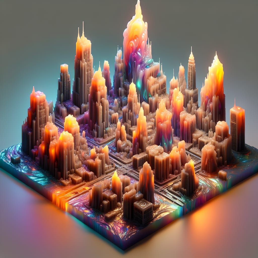 Surreal Wax Cityscape with Iridescent Glow