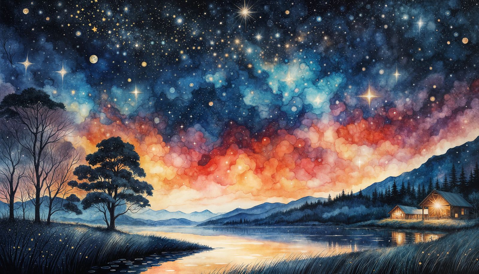 Watercolor Starry Night Sky with Twinkling Stars