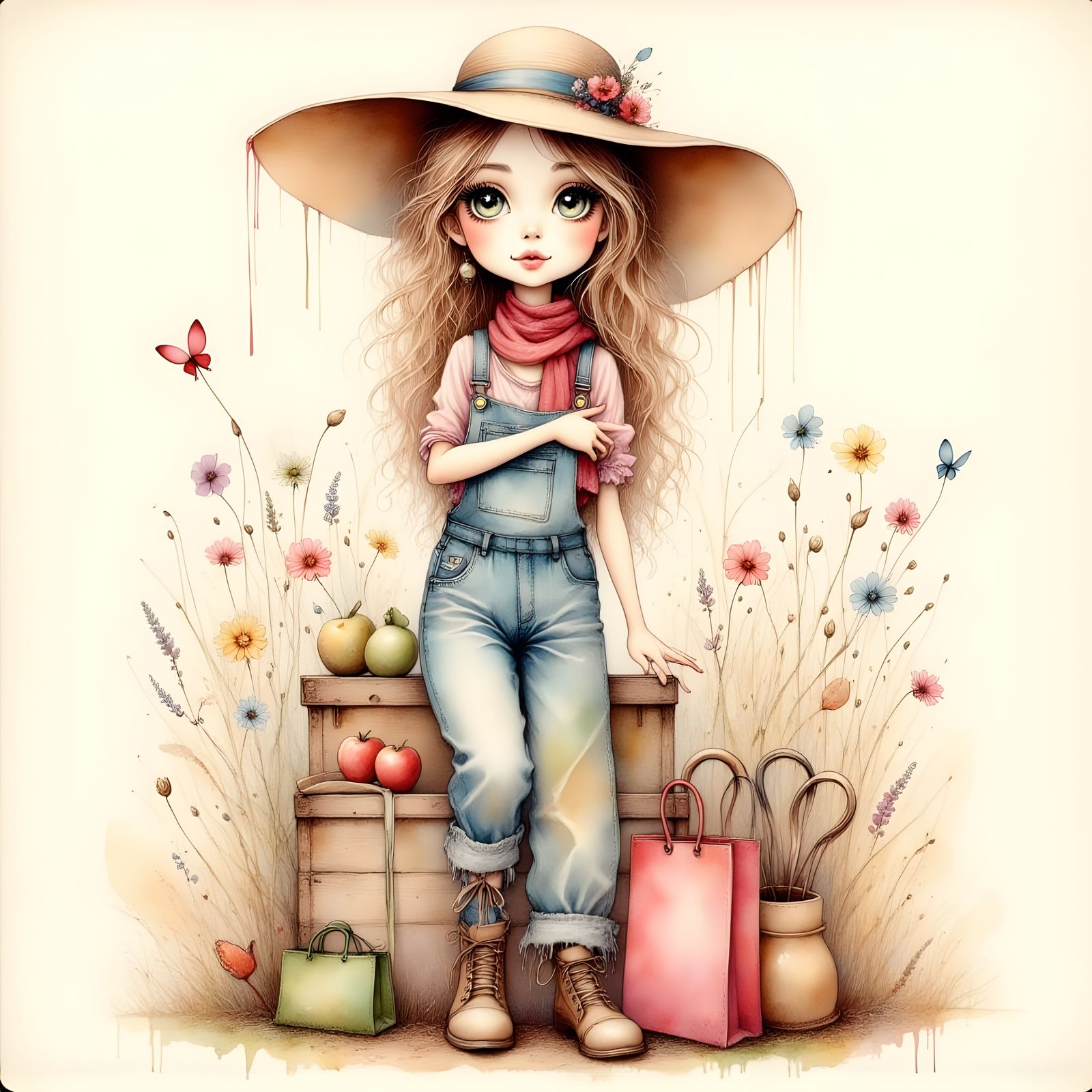 Rustic Farm Girl in Whimsical Watercolor