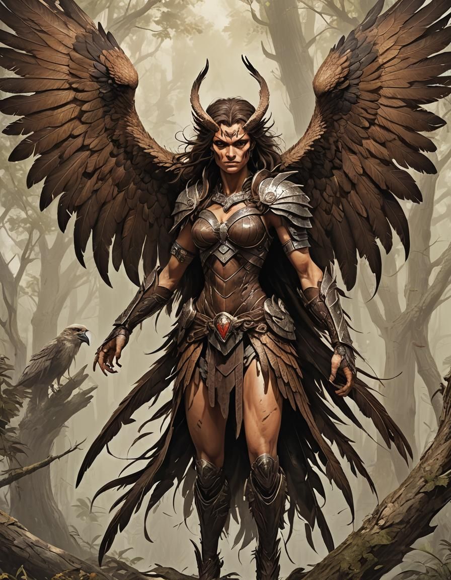 The harpy is covered in thick brown feathers that accentuate...