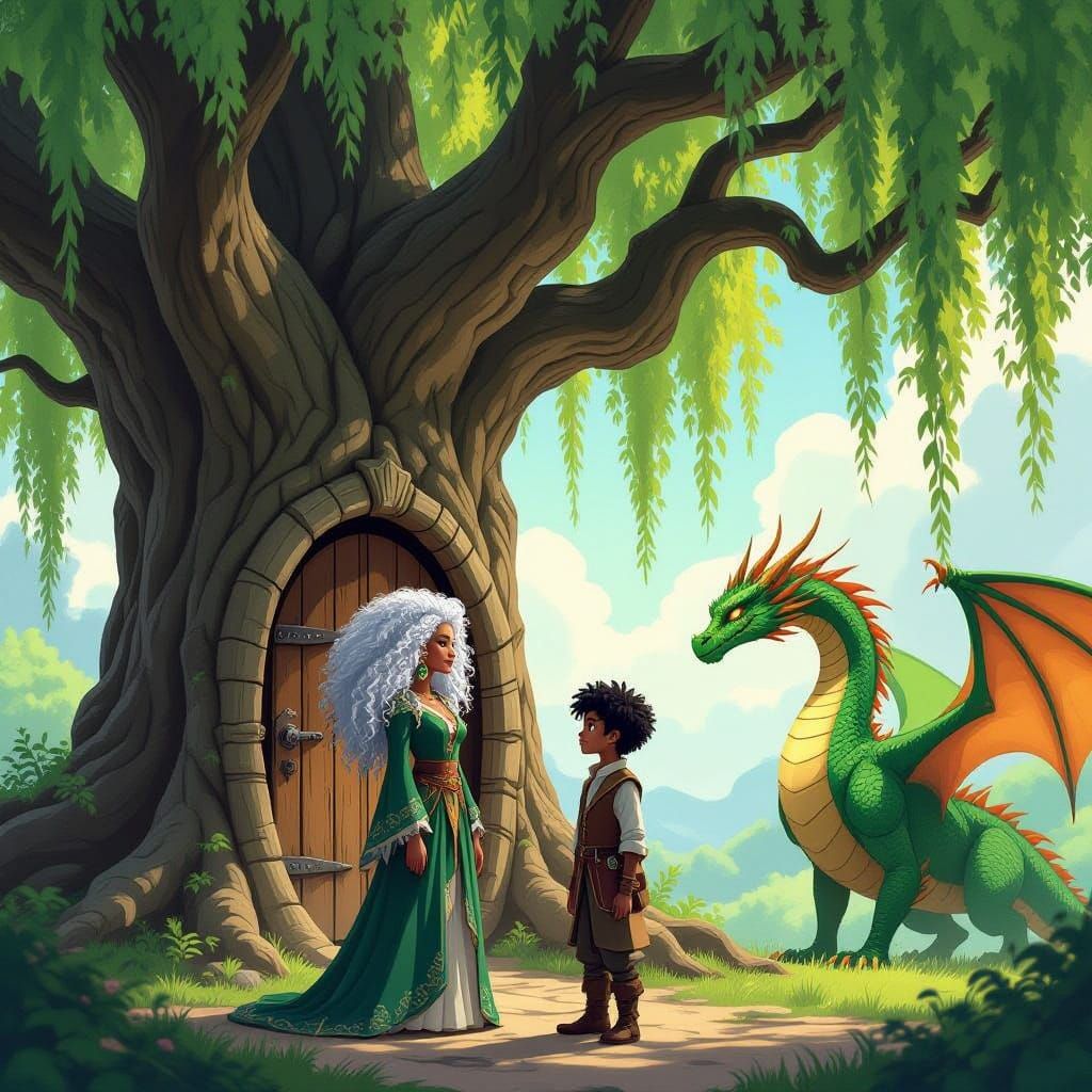 Regal Woman and Green-Skinned Boy Stand Before Hidden Door U...