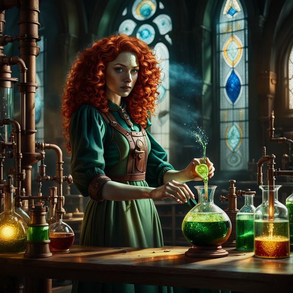 Renaissance Alchemist with Red Hair in Laboratory