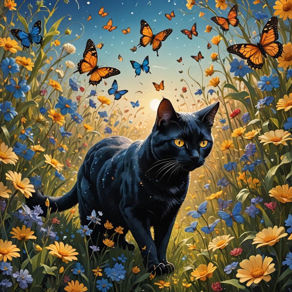 Black Cat in Flower Field: Fantasy Art Nouveau