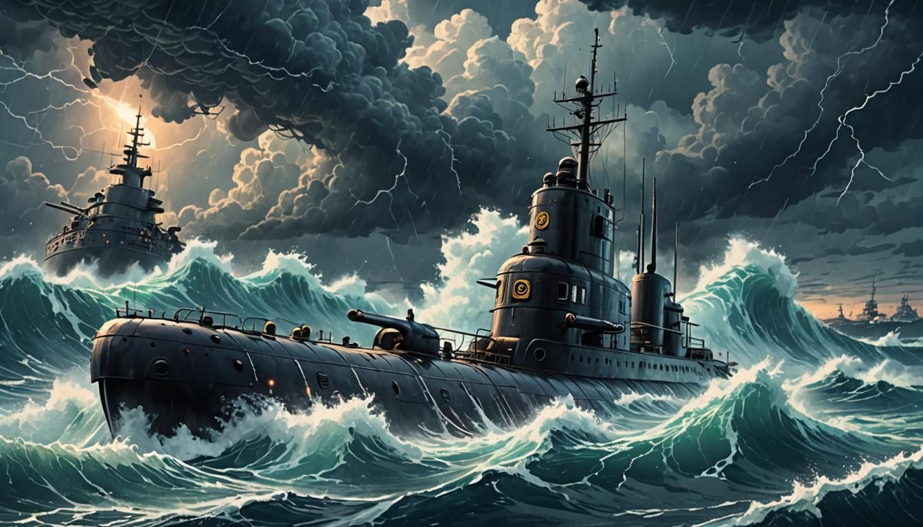 Submarine in Stormy Ocean: Anime Style