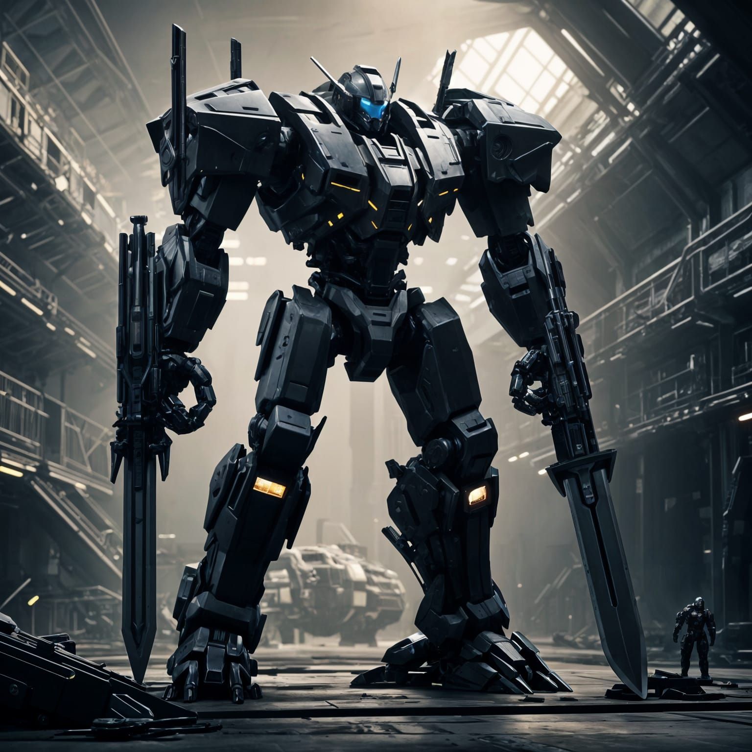 Realistic Military Mech Warrior in Space Hangar