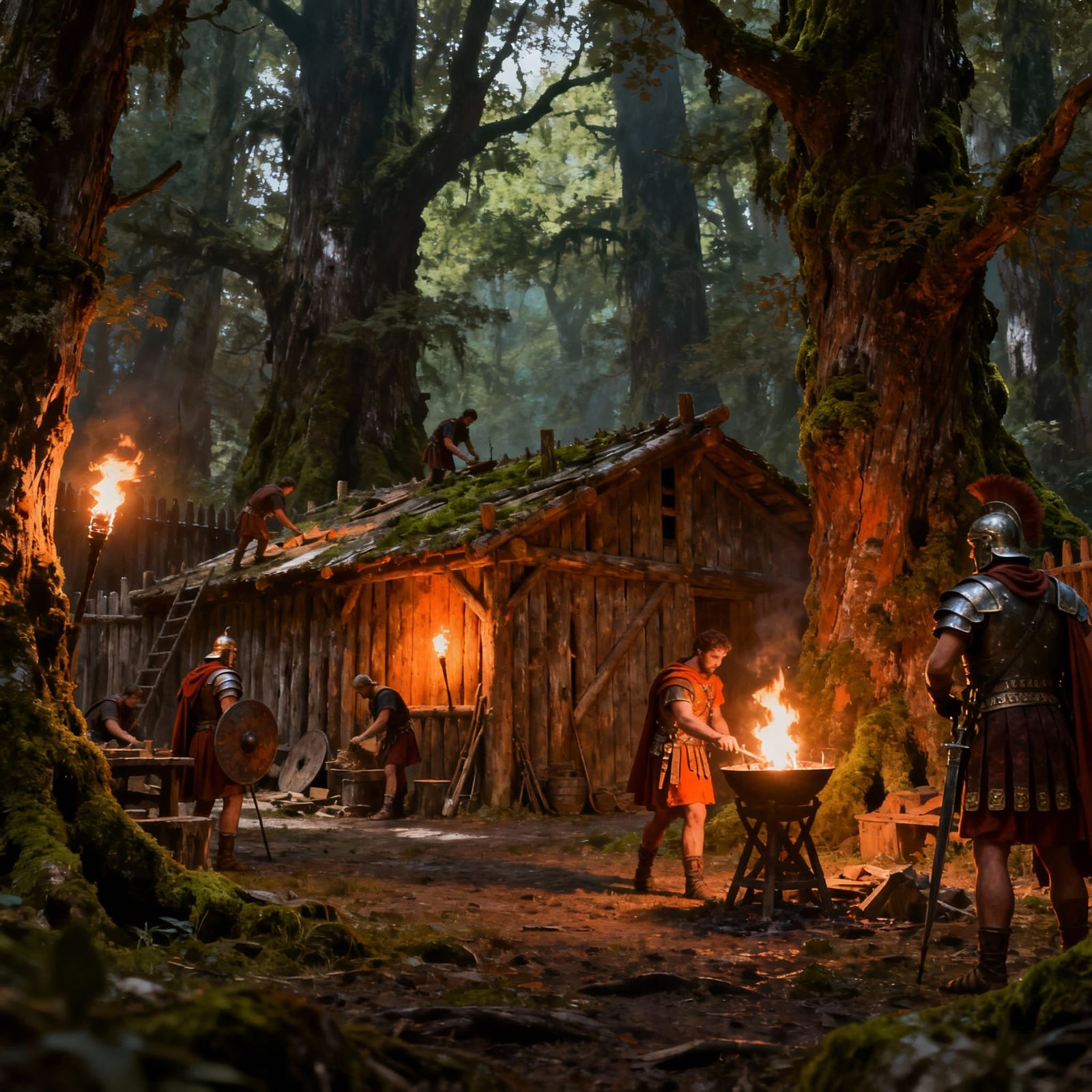 Roman Fort in Forest Lit by Torches, Realistic Style