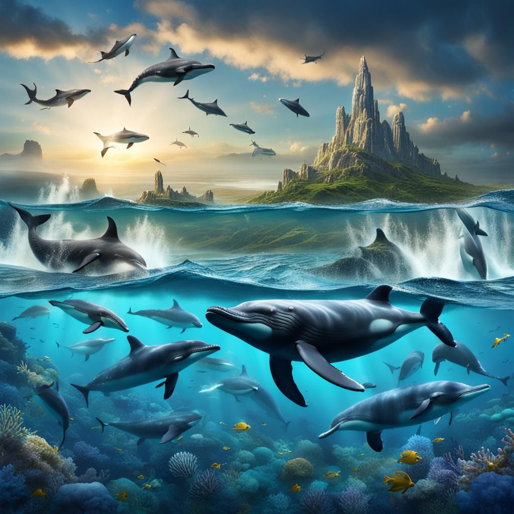 Whales and Dolphins in Detailed Matte Painting