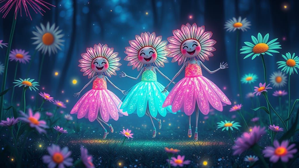 Joyful Anthropomorphic Daisies in Neon Forest