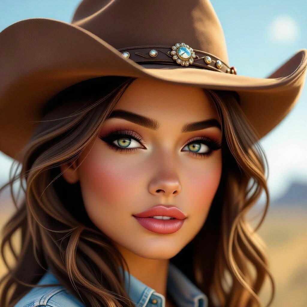 Surreal Woman in Cowgirl Hat, Matte Painting Portrait