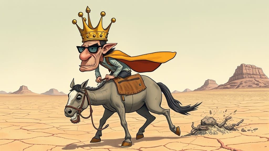 Comically Arrogant Desert Ruler Rides Tarnished Steed