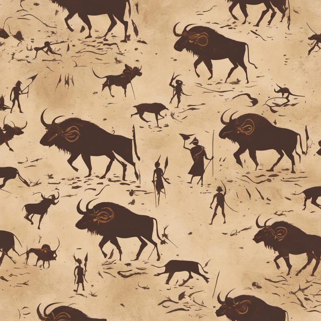Cave Painting of a Bison Hunt in Detailed Matte Style