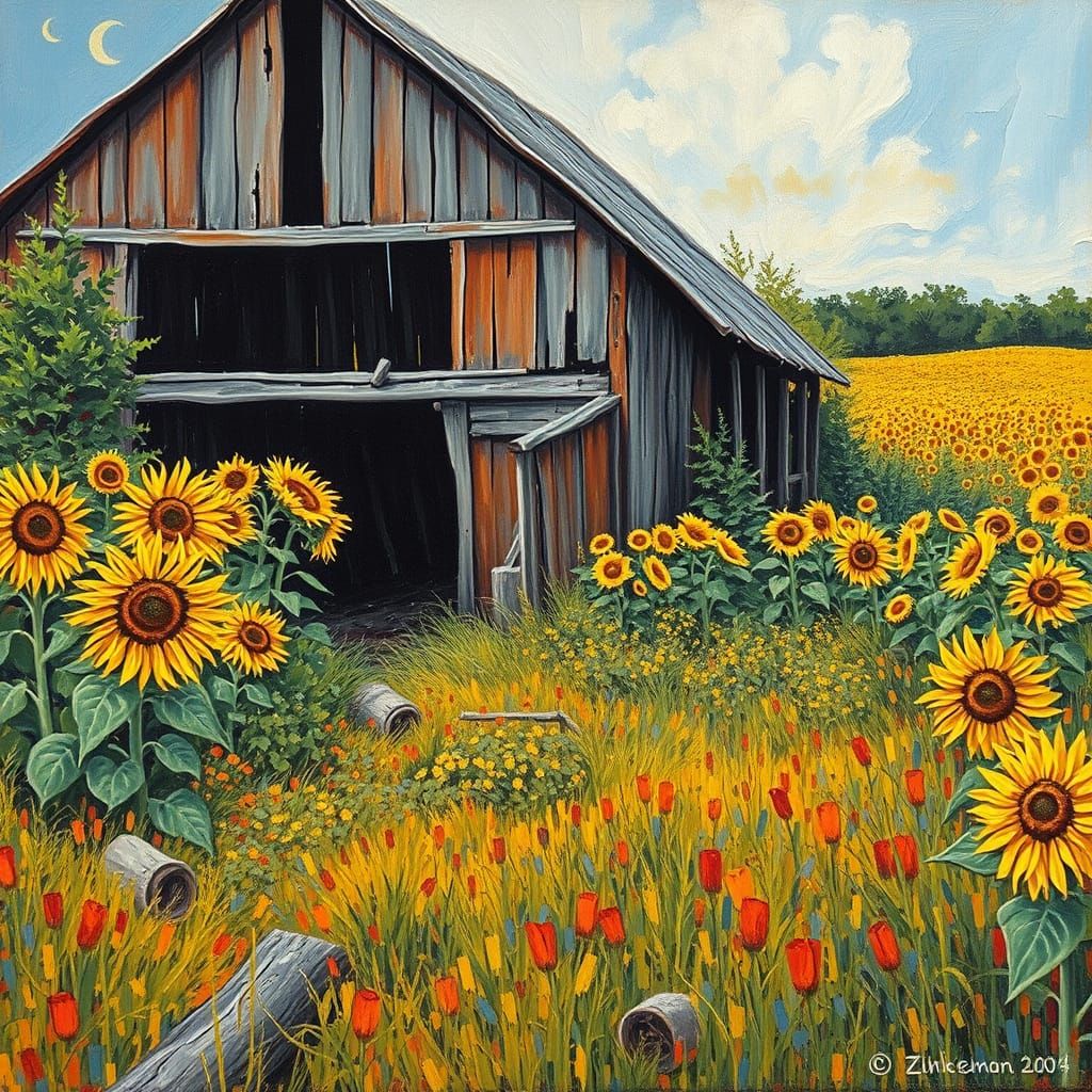 Sunflower Field Barn in Neo-Expressionist Impasto Style