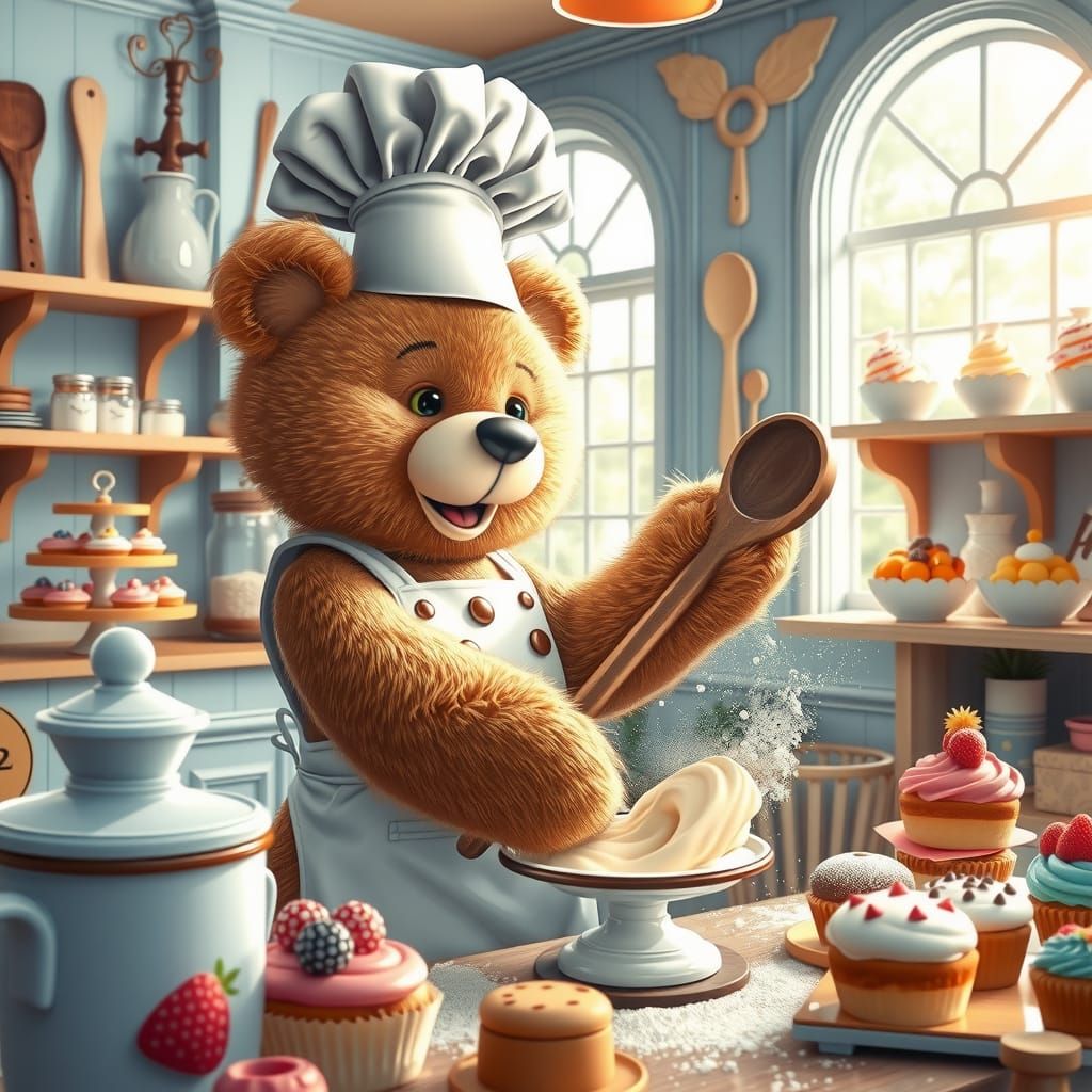 A joyful teddy bear chef wearing a chef’s hat and apron, bus...