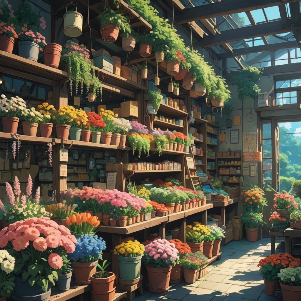 Anime Flower Shop in Studio Ghibli Style