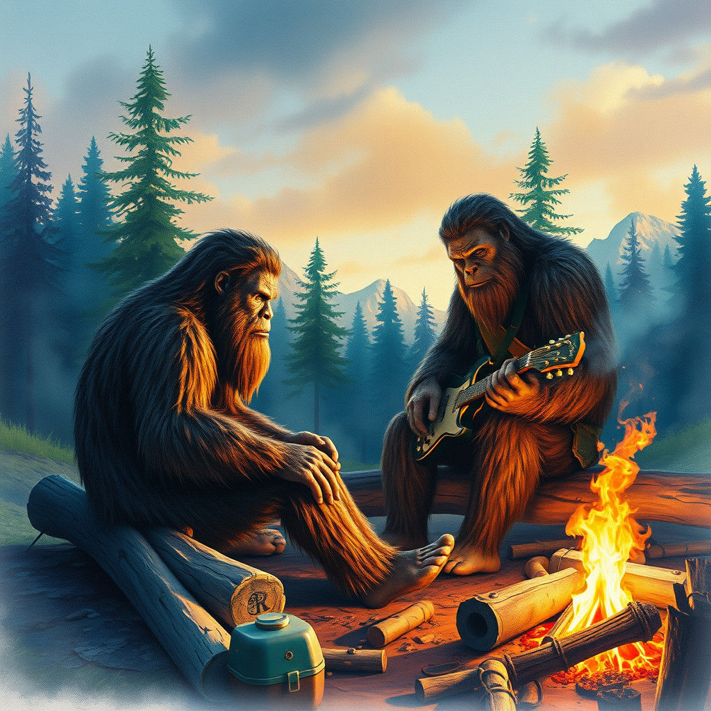 Bigfoot at Campfire in Watercolor Style