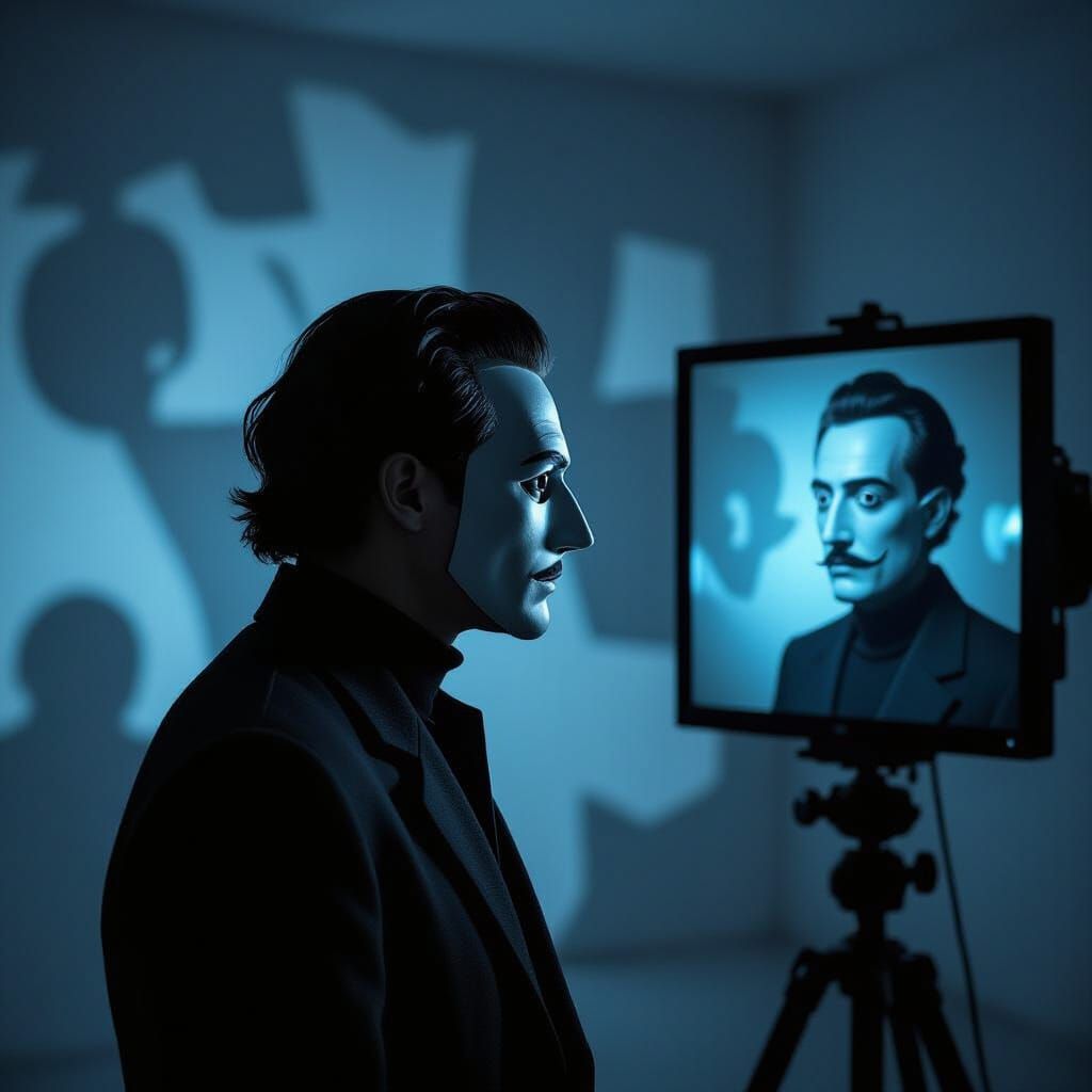 Masked Man Contemplates Identity in Surreal Setting