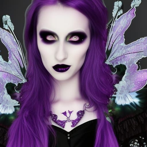 Silly mischievous Gothic girl with purple fairy wings& wearing purple and black gothic dress& wearing Gothic jewelry& we...