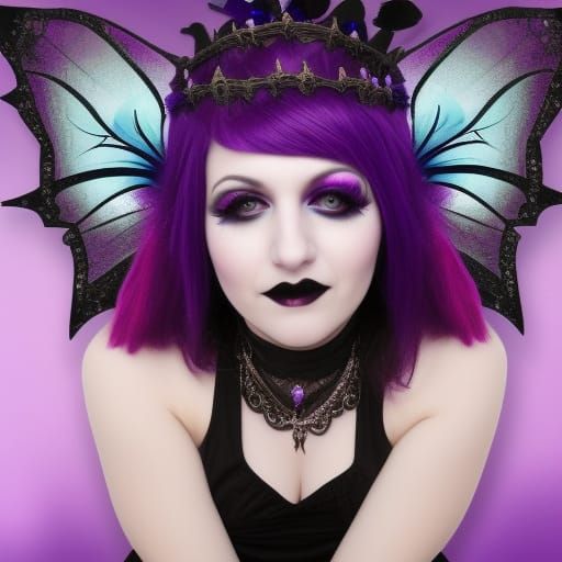 Silly mischievous Gothic girl with purple fairy wings& wearing purple and black gothic dress& wearing Gothic jewelry& we...