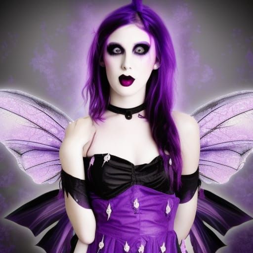 Silly mischievous Gothic girl with purple fairy wings& wearing purple and black gothic dress& wearing Gothic jewelry& we...