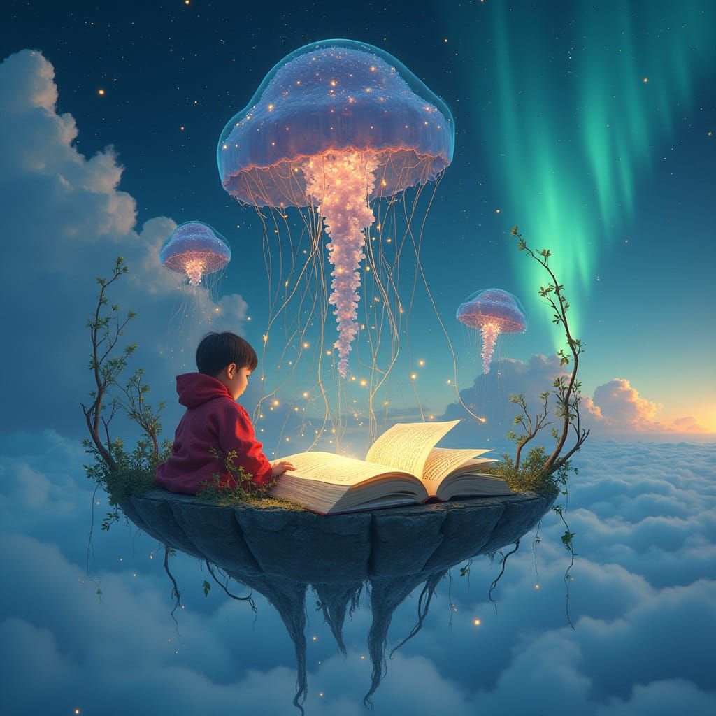 Surreal Floating Library with Jellyfish in Sky