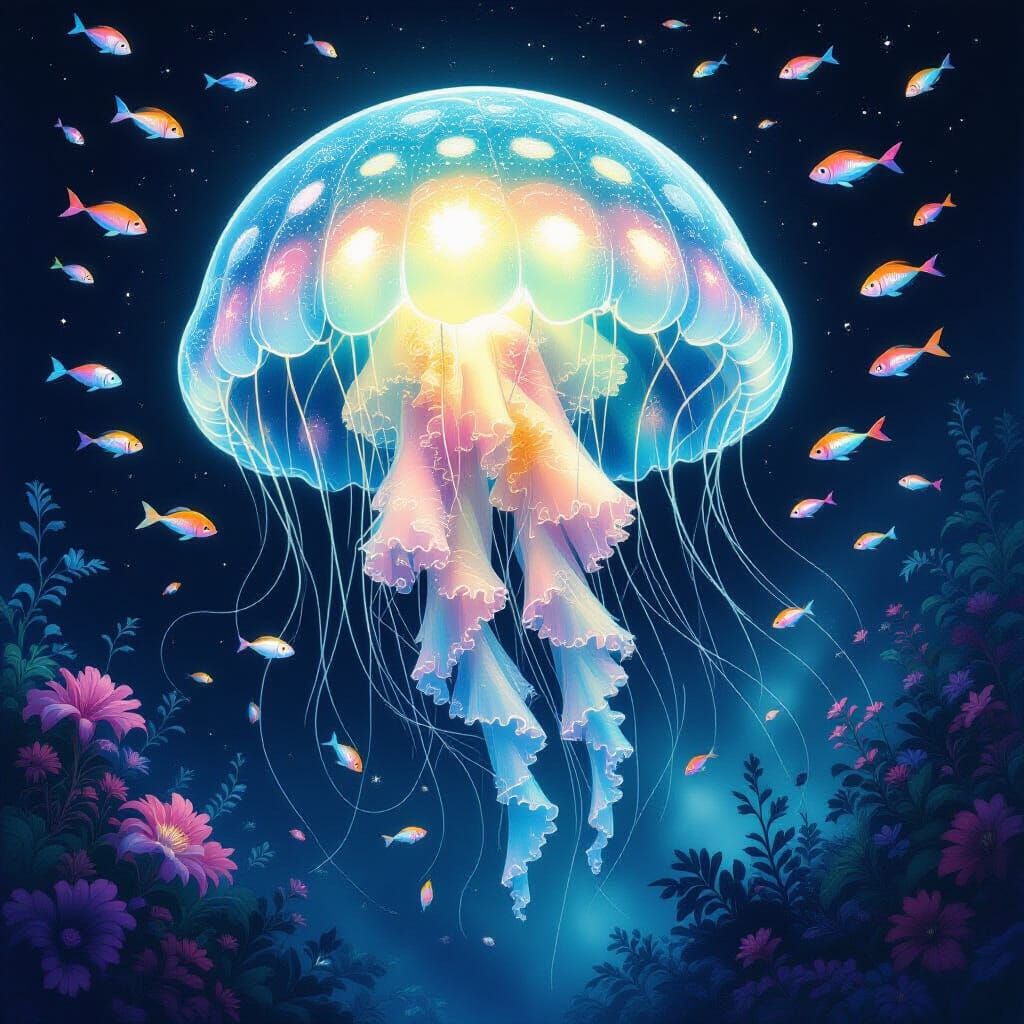 Bioluminescent Jellyfish in Alien Ocean, Watercolor Style