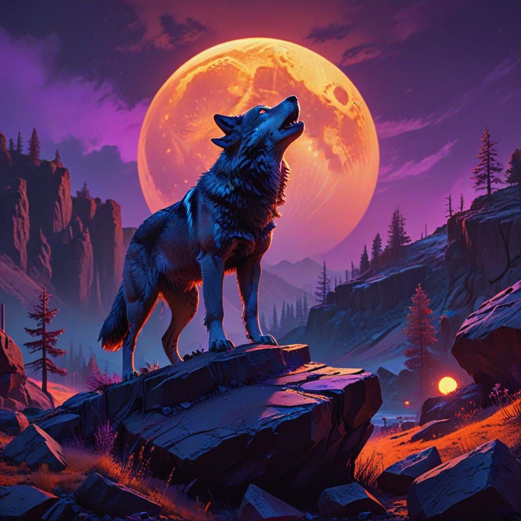 Cyberpunk Grey Wolf Under Orange Full Moon