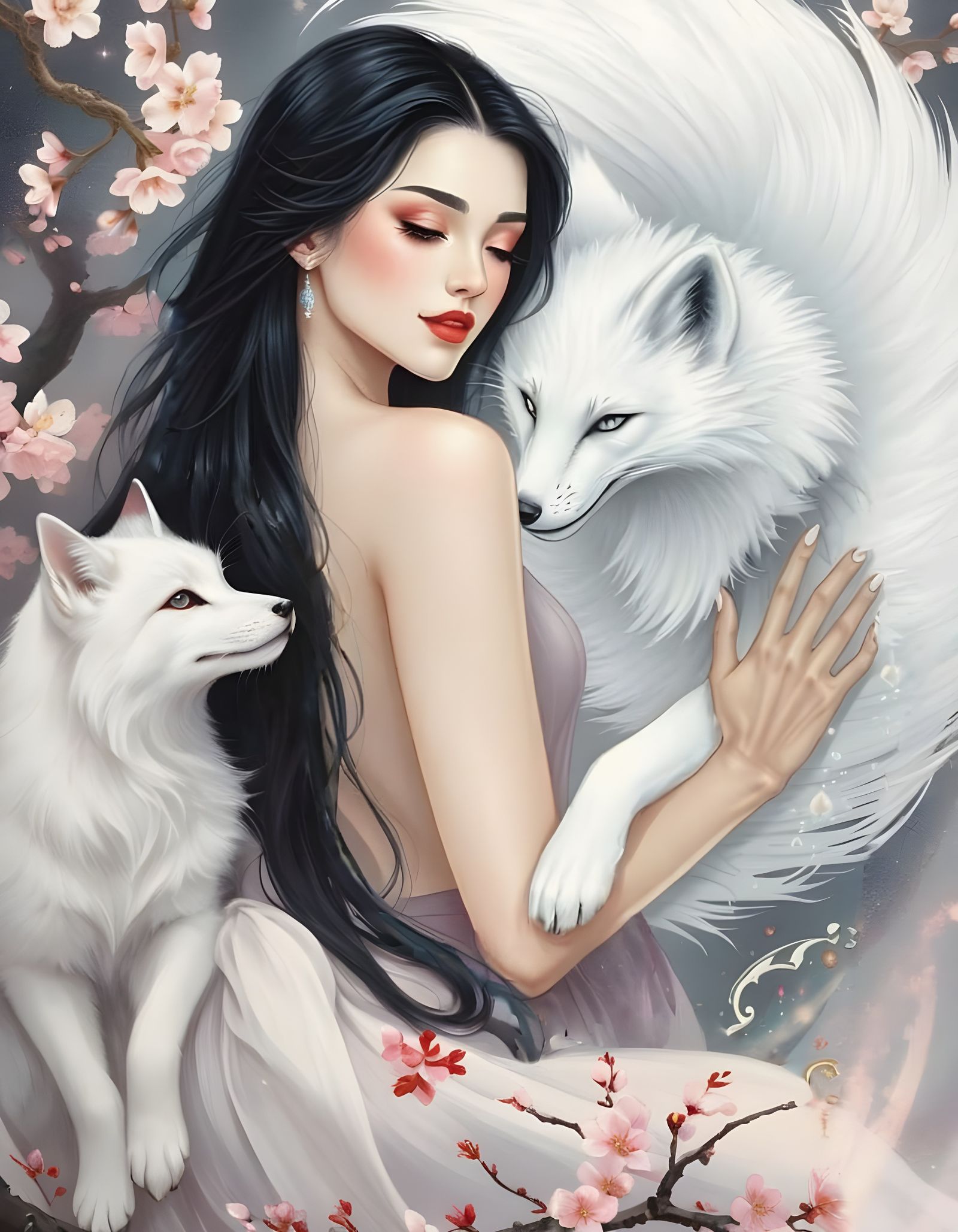 Ethereal Woman with Kitsune Surrounded by Cherry Blossoms