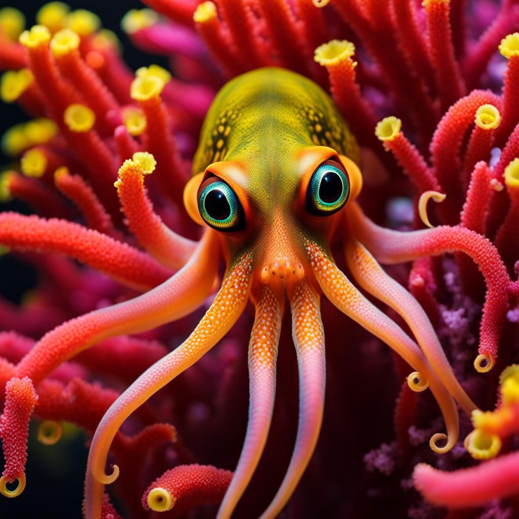 Macro Squid Between Colorful Corals: Digital Artwork