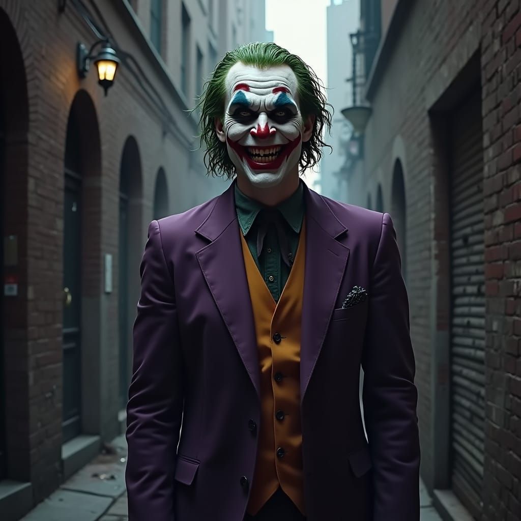 Realistic Joker Portrait in Gritty Gotham Alleyway