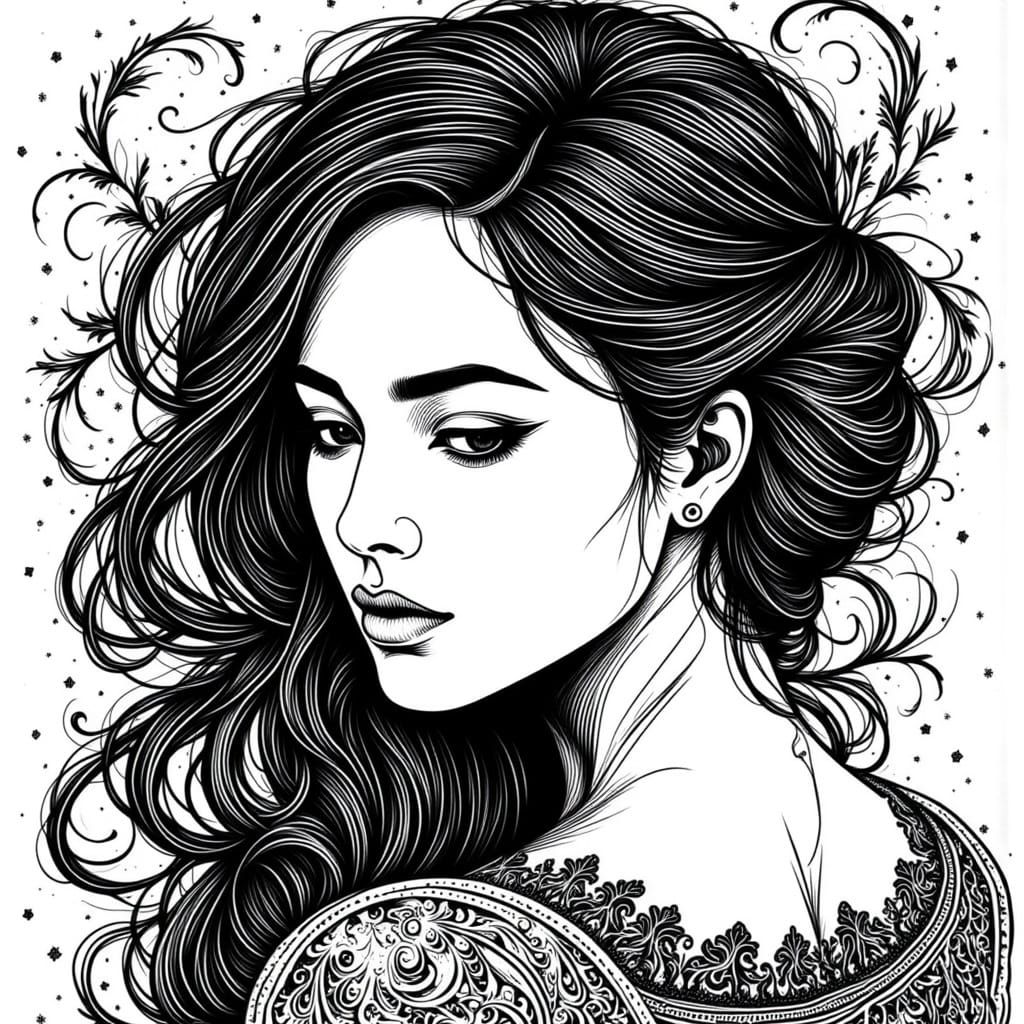 Black and White Doodle Art Portrait of a Woman