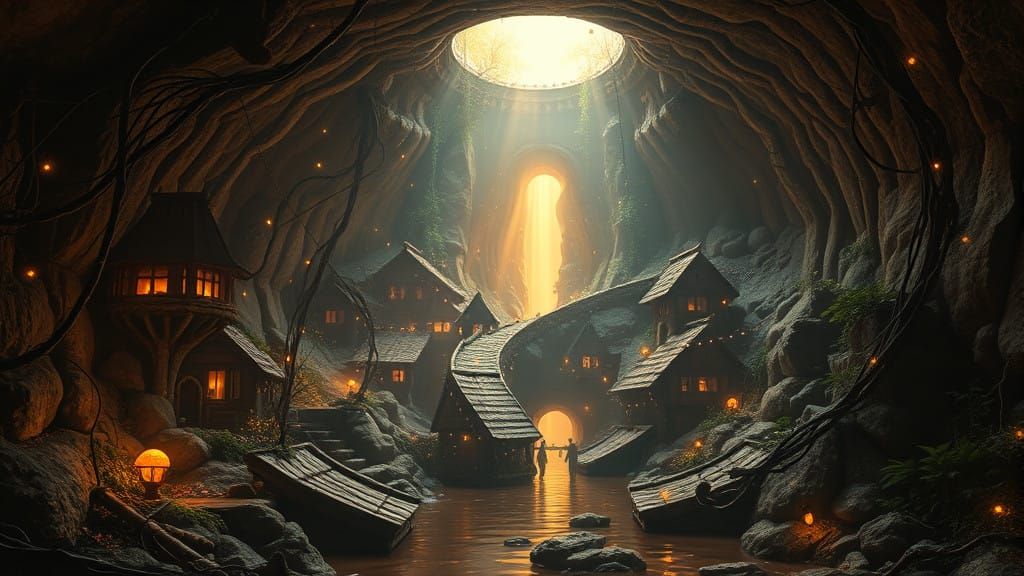 Epic Fairy Village in Sewer at Night