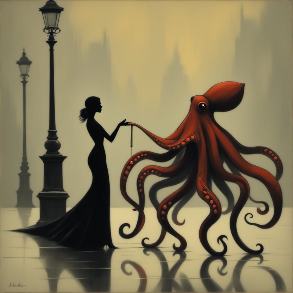 Elegant Lady Walking an Octopus