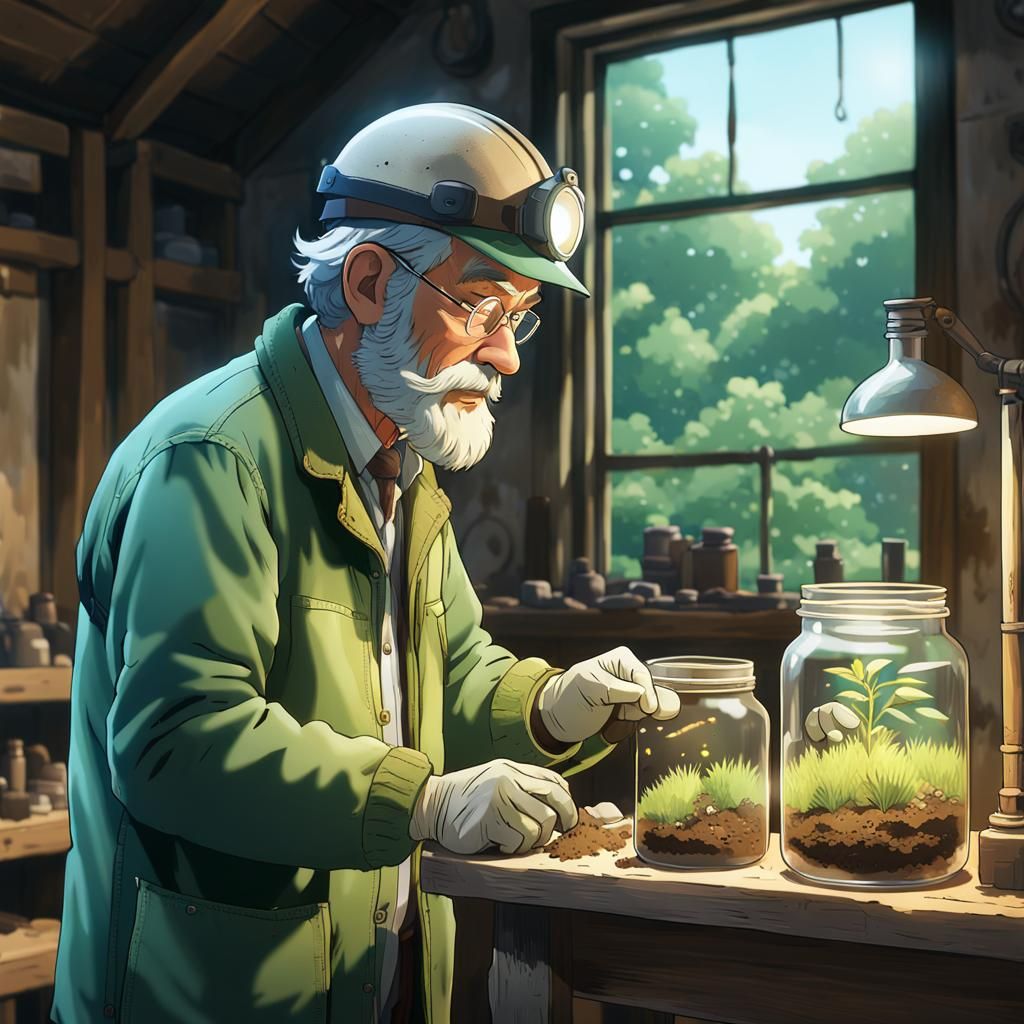 Elderly Geologist Observes Soil Sample, Studio Ghibli Style