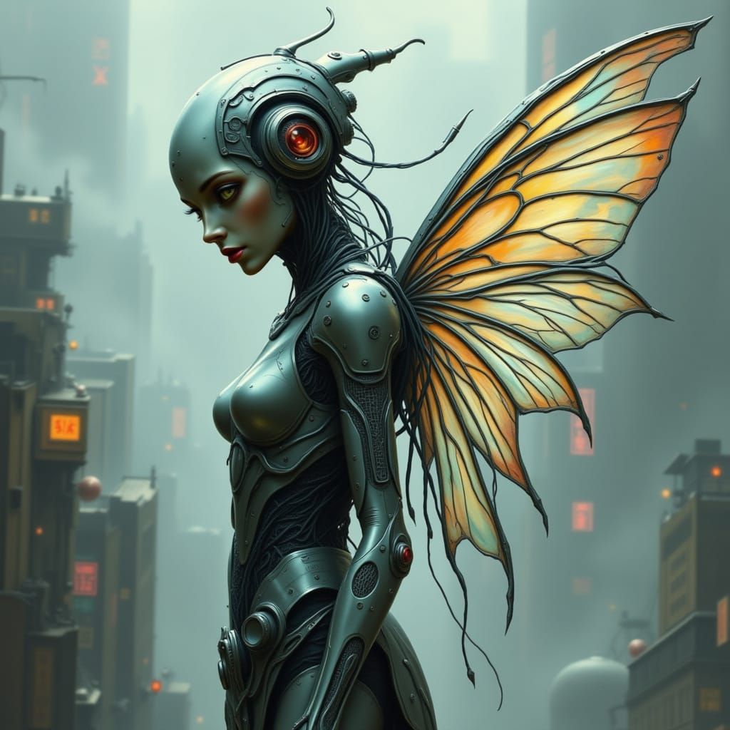 Cyborg Fairy Soaring with Metallic Wings