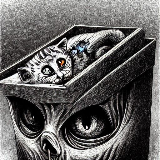 Grotesque Ink Drawing: Dead Cat in a Box