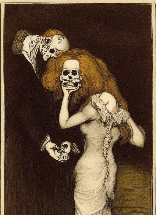 Distorted Skull Receives Payment in Pre-Raphaelite Style