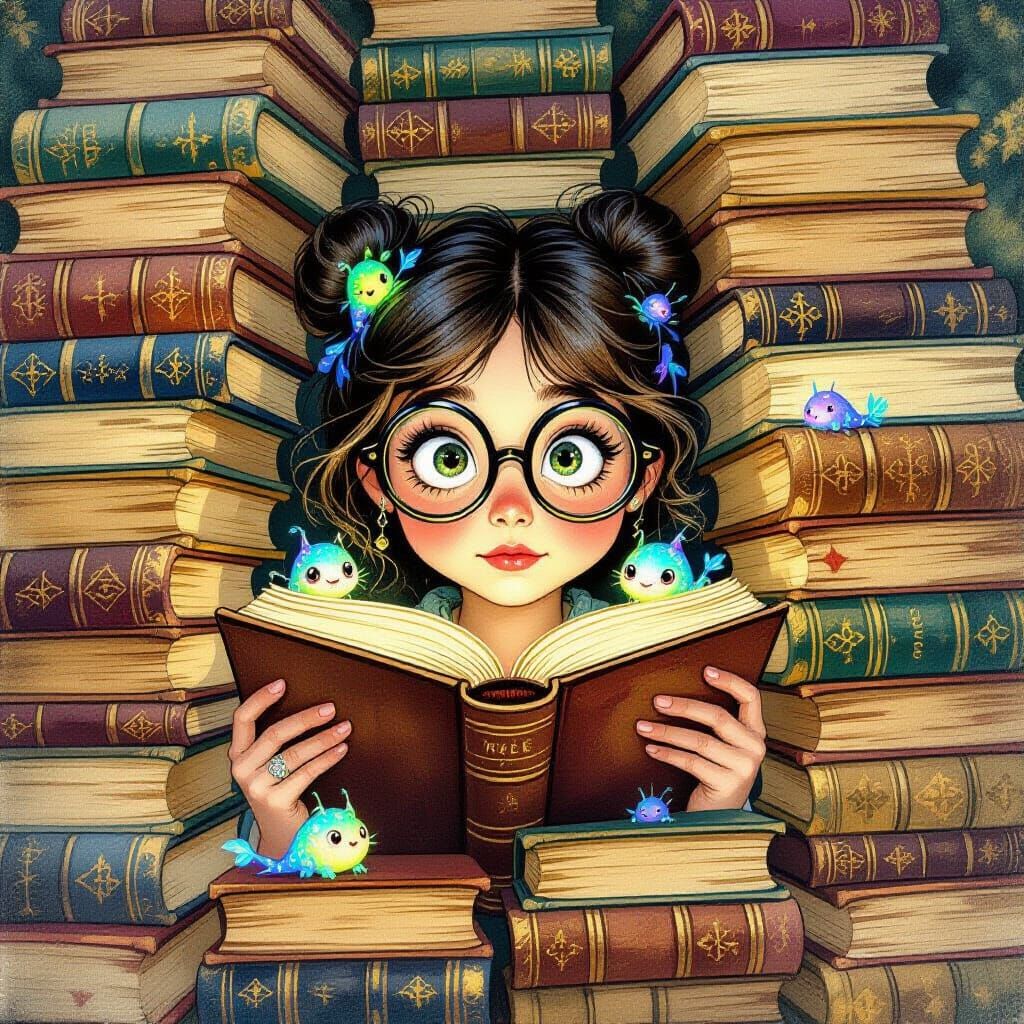 Quirky Girl & Magical Books with Whimsical Creatures