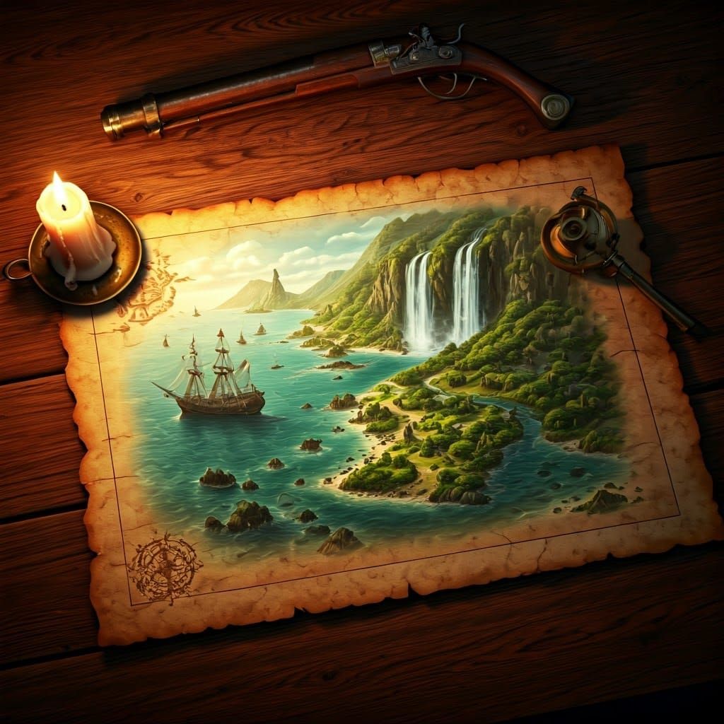 Whimsical Treasure Map Illuminated by Candlelight