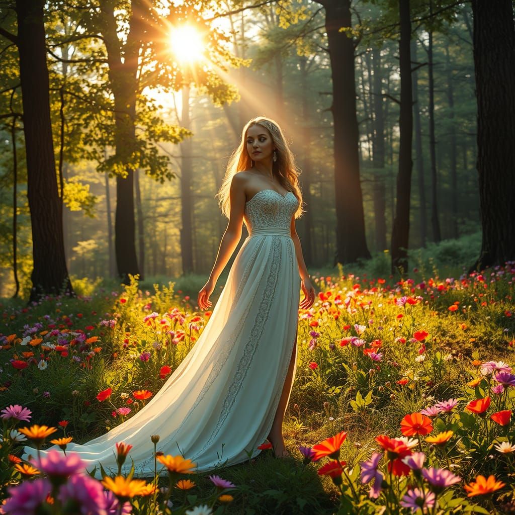 Photorealistic Goddess Vesna in Morning Sunlight amidst a Fl...