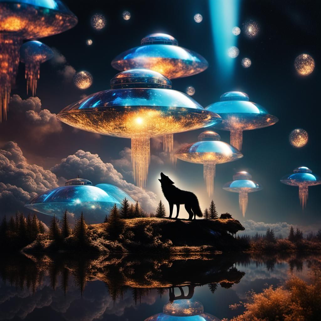 Wolf Silhouette Double Exposure in Futuristic Landscape